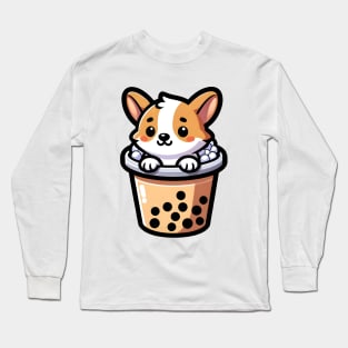 Cheerful Corgi in Boba Tea - Cute Puppy Cartoon Illustration Long Sleeve T-Shirt